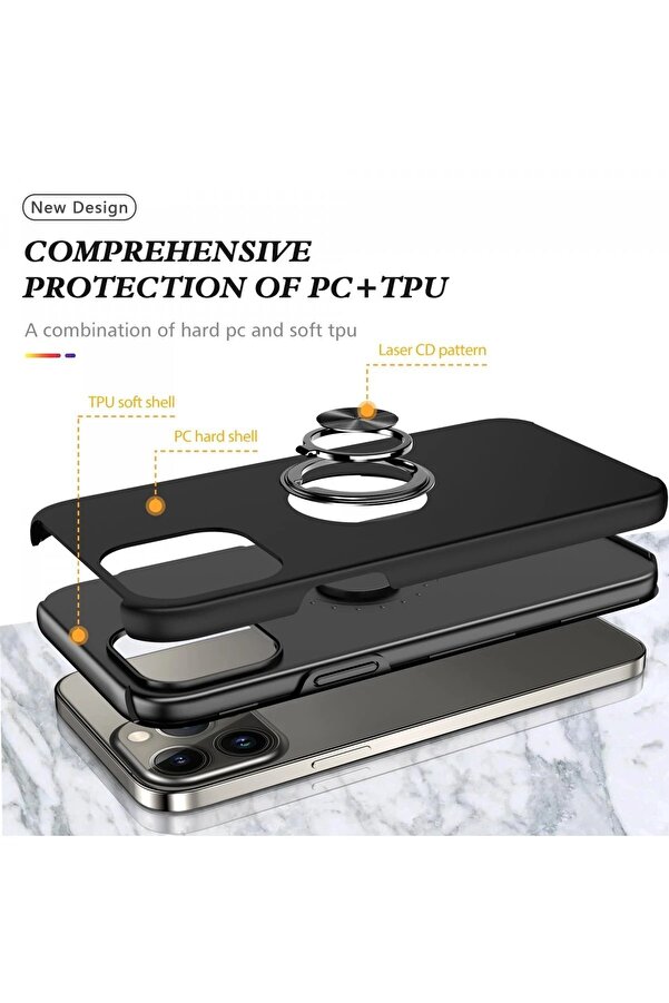 İphone 13 Pro Kılıf Eli̇t Yüzüklü Kapak - Si̇yah - Dropx7600-9337