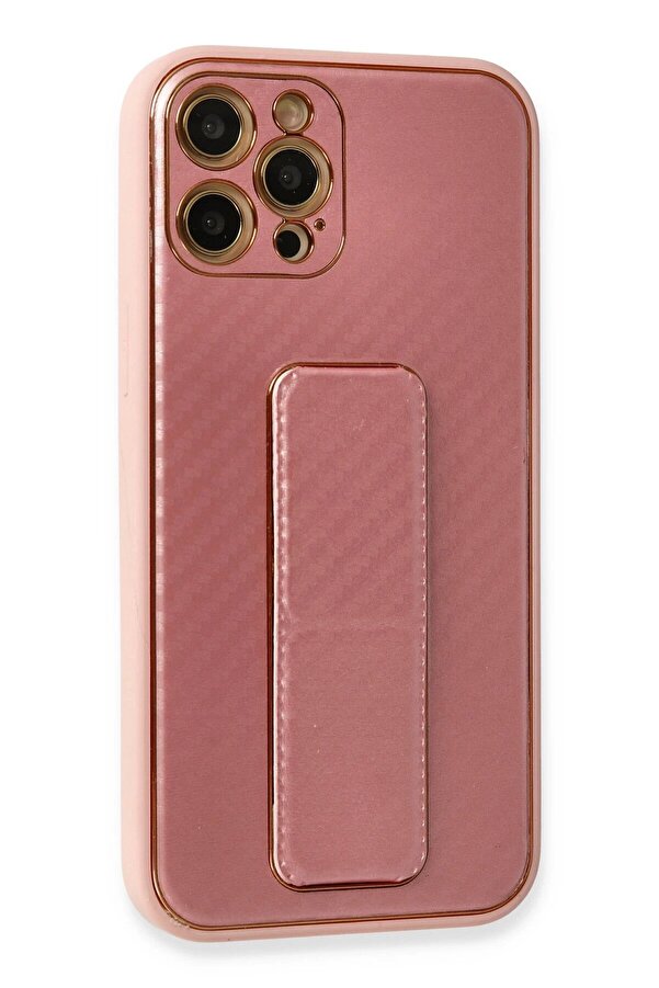 İphone 12 Pro Kılıf Coco Karbon Standlı Kapak - Pembe - Dropx5039-6242