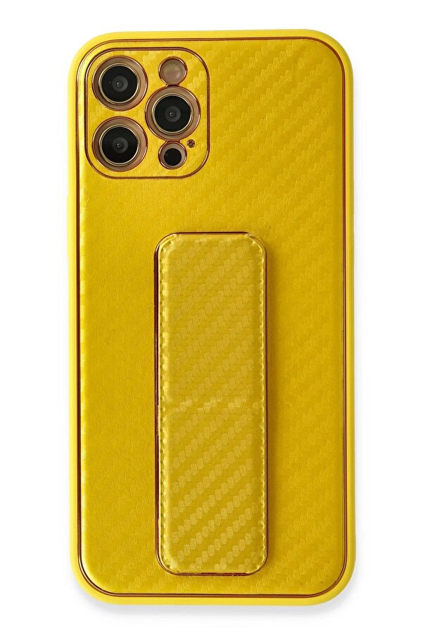 İphone 12 Pro Kılıf Coco Karbon Standlı Kapak - Sarı - Dropx5842-9418