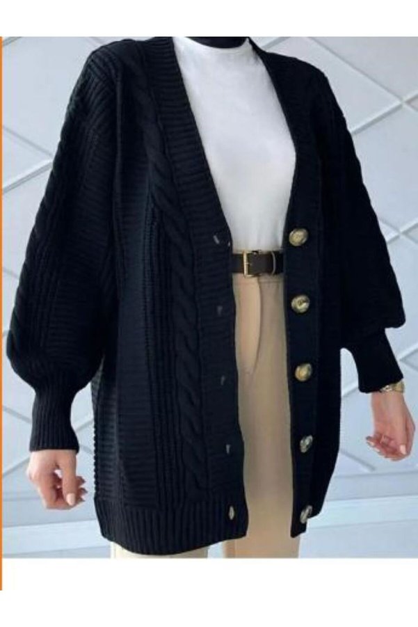 zere butik Kadın Kışlık Saç Örgü Kısa Triko Hırka - Siyah