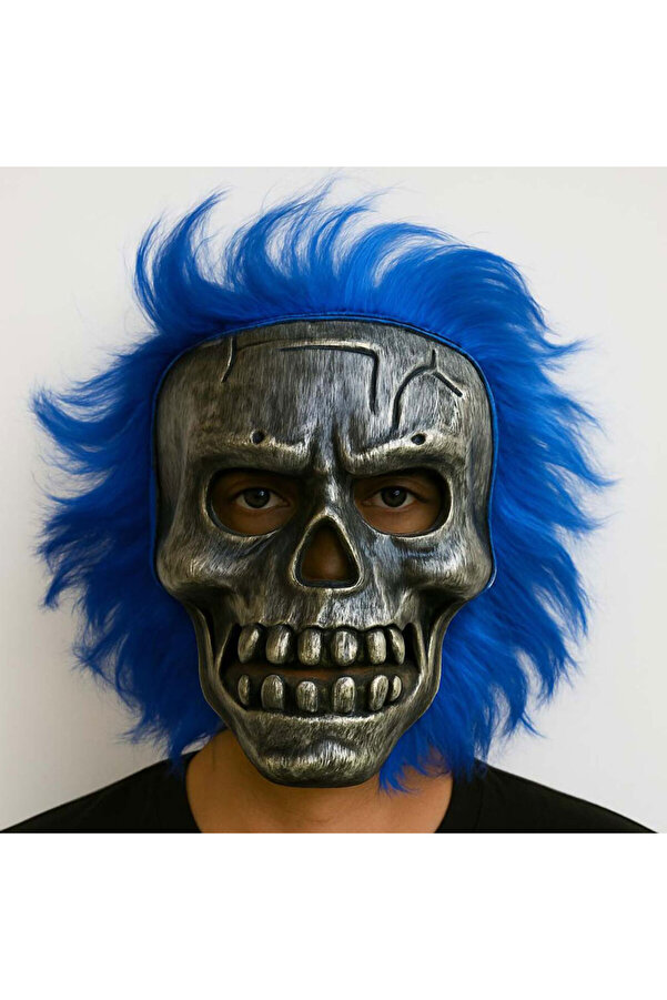 Evi̇mdeyokyok Wi̇ld Skull - Gümüş Kafatası Mavi̇ Saçlı İskelet Maske