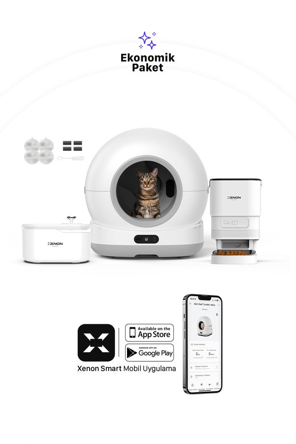 Xenon Smart Akıllı Otomatik Kedi Tuvaleti Mama Kabı ve Su Pınarı 4'lü Pet Ürünleri Seti