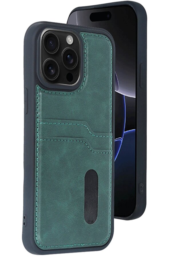 İphone 14 Pro Max Kılıf Sara Kartvi̇zi̇tli̇ Deri̇ Kılıf - Koyu Yeşi̇l - Dropx8858-5222