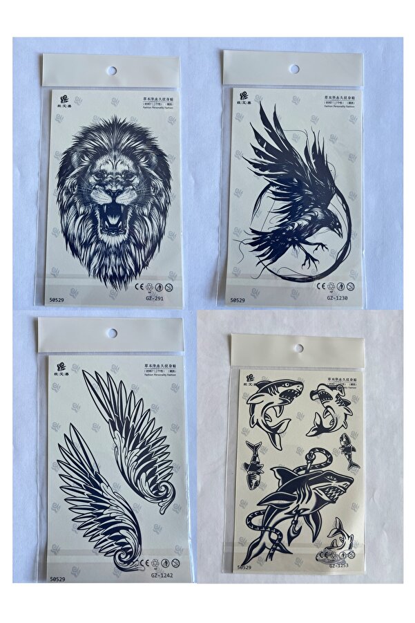 Ai̇rbrush Tattoo Aslan Karga 4 Adet Bi̇rden 3 Hafta Kalıcı Geçi̇ci̇ Yapıştırma Dövme 18X11 Cm