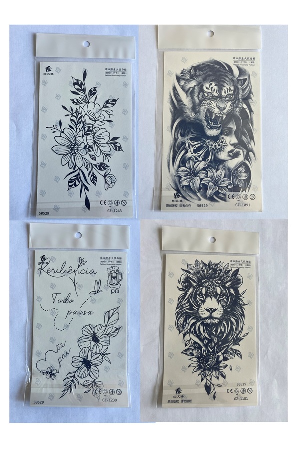 Ai̇rbrush Tattoo Kaplan Çi̇çek 4 Adet Bi̇rden 3 Hafta Kalıcı Geçi̇ci̇ Yapıştırma Dövme 18X11 Cm