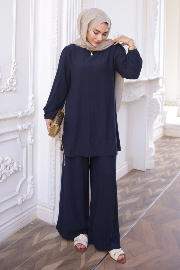 İmajButik Lacivert Bürümcük Tunik Pantolonlu Takım