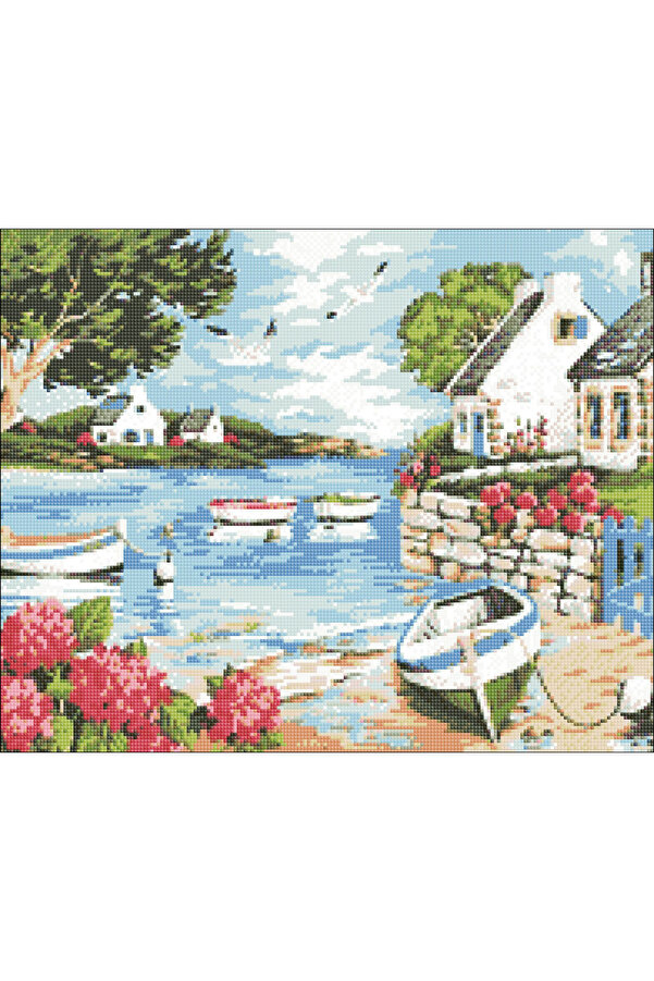 Hondep 5D Elmas Boyama – Deni̇z Kıyısında Huzurlu Köy | 40X50 Cm - Tuvale Geri̇li̇ Di̇amond Pai̇nti̇ng Mozai̇k Taş