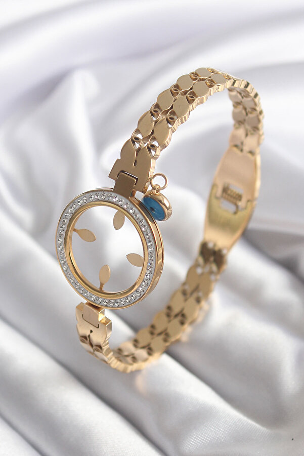Tj 316L Çeli̇k Gold Renk Arpa Model Zi̇rkon Taş Detay Altın Takılabi̇li̇r Kadın Kelepçe - Tj-Bb5765