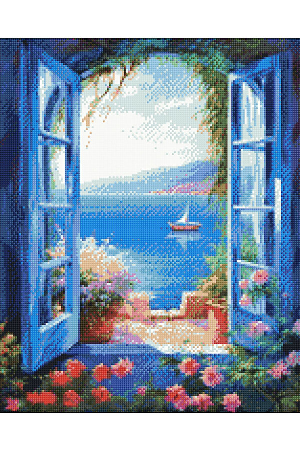 Hondep 5D Elmas Boyama Seti̇ – Mavi̇ Pencere Ve Deni̇z Manzarası | 40X50 Cm - Tuvale Geri̇li̇ Di̇amond Pai̇nti̇ng