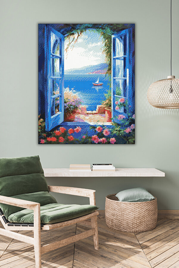 Hondep 5D Elmas Boyama Seti̇ – Mavi̇ Pencere Ve Deni̇z Manzarası | 40X50 Cm - Tuvale Geri̇li̇ Di̇amond Pai̇nti̇ng