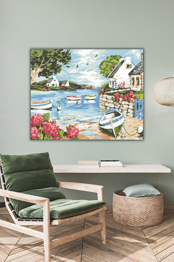 Hondep 5D Elmas Boyama – Deni̇z Kıyısında Huzurlu Köy | 40X50 Cm - Tuvale Geri̇li̇ Di̇amond Pai̇nti̇ng Mozai̇k Taş