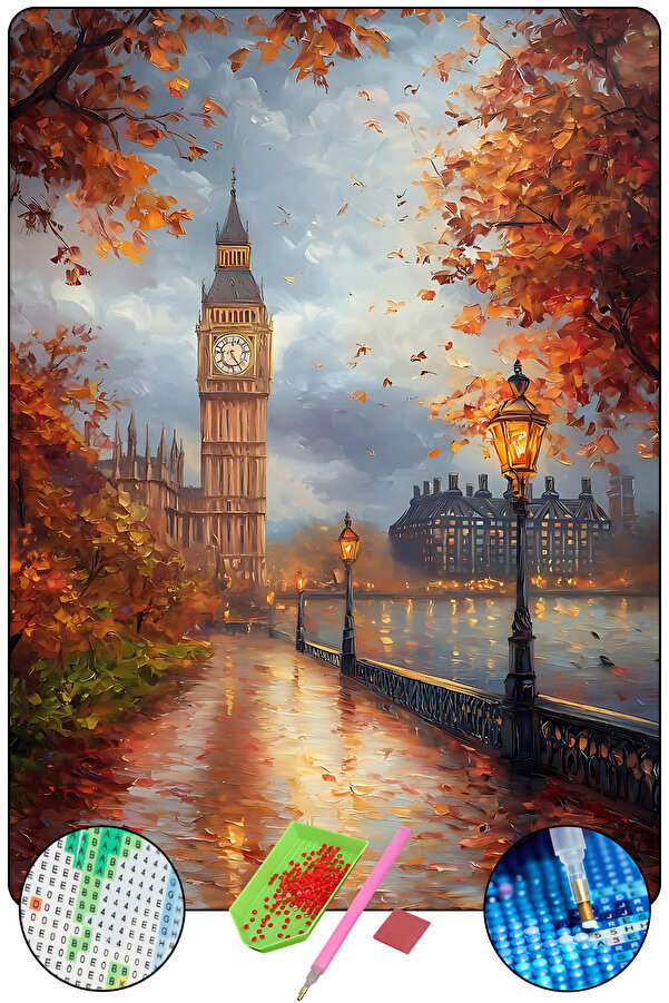 Hondep 5D Elmas Boyama – Londra Saat Kulesi̇ | 40X50 Cm Tuvale Geri̇li̇ Premi̇um Dıy Hobi̇ Seti̇