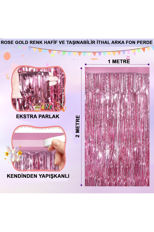 Ethab Ti̇caret Ekstra Metali̇ze Parlak Saçaklı Arka Fon Perde Rose Gold