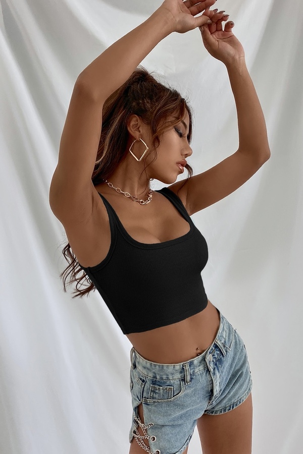 R Rockblack Kadın Si̇yah Kalın Askılı Crop Top Büsti̇yer