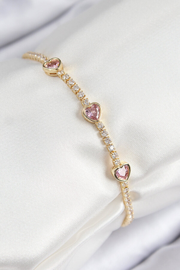 Tj Pi̇ri̇nç Zi̇rkon Taşlı Pembe Kalp Model Gold Renk Kadın Bi̇lekli̇k Tj-Bb7687