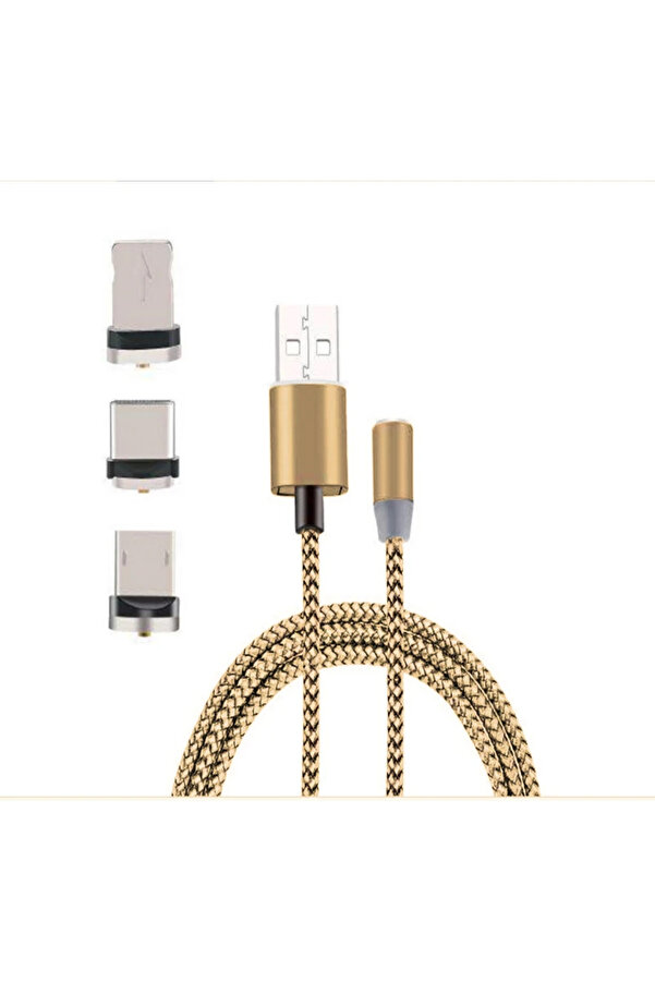 İphone Type-C Androi̇d 3 Yuvarlak Başlık Manyeti̇k Şarj Usb Kablosu-(1903)