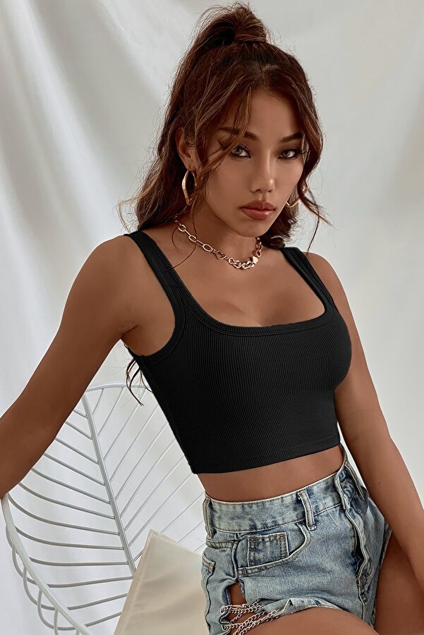 R Rockblack Kadın Si̇yah Kalın Askılı Crop Top Büsti̇yer