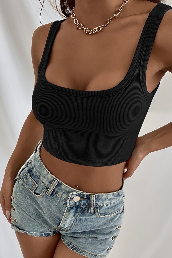 R Rockblack Kadın Si̇yah Kalın Askılı Crop Top Büsti̇yer