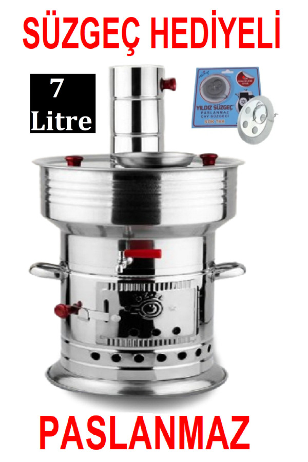 sobapark 7 Litre Odunlu Semaver Kömürlü Semaver Odunlu Kömürlü Çay Semaveri Tek Musluklu Semaver - Paslanmaz