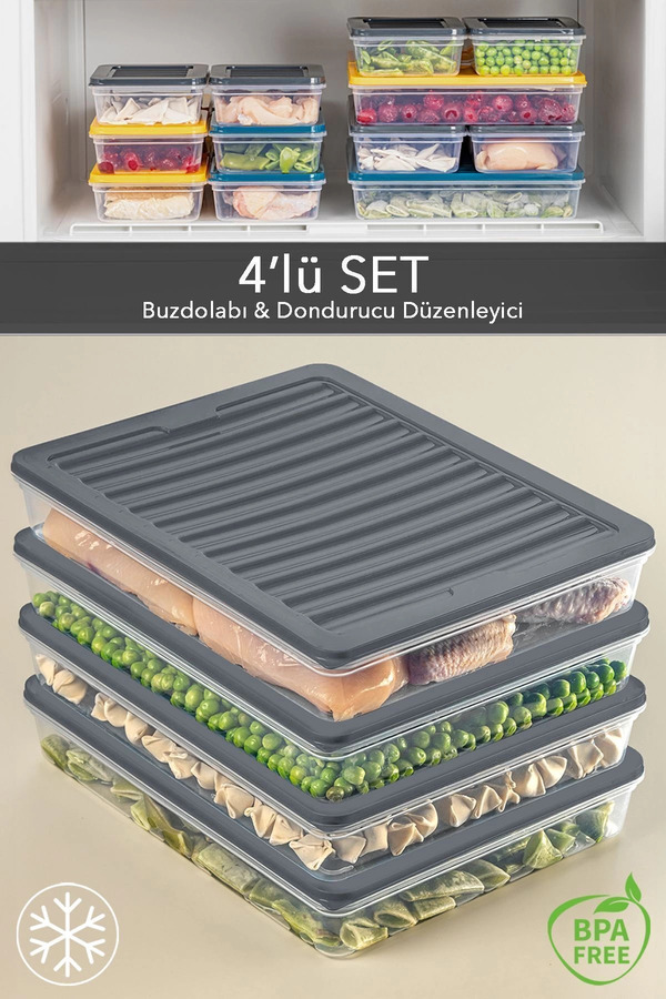 4 Lü Buzdolabı Organi̇zer Mi̇krodalga Ve Di̇fri̇ze Uygun Saklama Kabı Antrasi̇t 4 X 2400 Ml