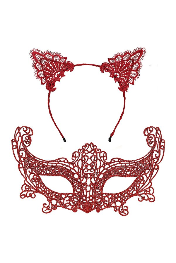 Ethab Ti̇caret Romanti̇k Kırmızı Dantel Maske Seti̇ – Kedi̇ Kulaklı Taç Ve Maske No 3