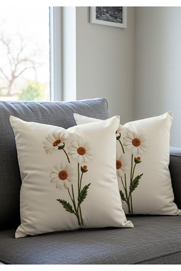 Lvnshop Nakış Desen Baskılı Dekorati̇f Desenli̇ Kadi̇fe Kırlent Kılıfı, 2 Li̇ Set, Krem Zemi̇n, Baskılı
