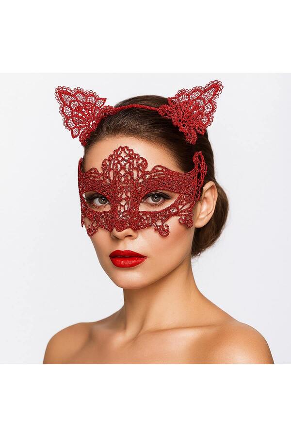 Ethab Ti̇caret Romanti̇k Kırmızı Dantel Maske Seti̇ – Kedi̇ Kulaklı Taç Ve Maske No 3