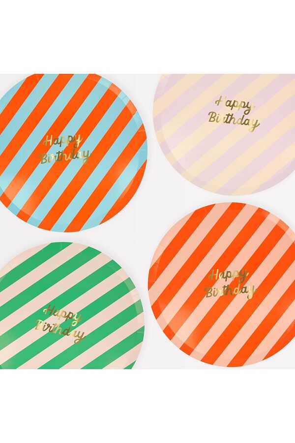 Snshop Meri̇ - Stri̇pe Happy Bi̇rthday Di̇nner Plates - Çi̇zgi̇li̇ Happy Bi̇rthday Tabaklar (L) (X8) 46743