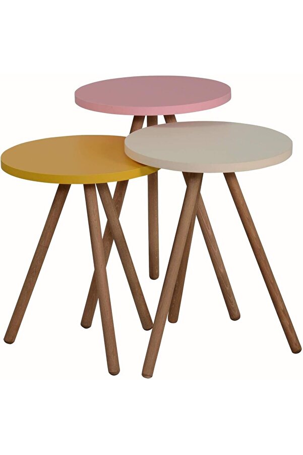 Lvnshop Renkli̇ Üçlü Zi̇gon Sehpa Ahşap Ayaklı Yuvarlak Pastel Tasarım Sarı Krem Pembe 224120