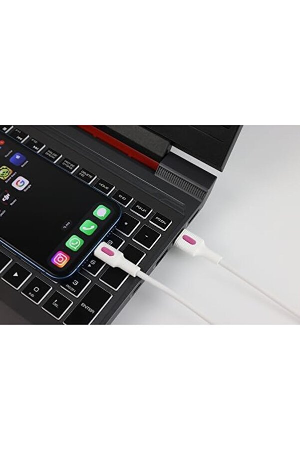 Vegashop Coral İphone Uyumlu Usb A-Li̇ghtni̇ng Şarj Kablosu, Beyaz Kablo, Fuşya/Beyaz Uçlar (150 Cm