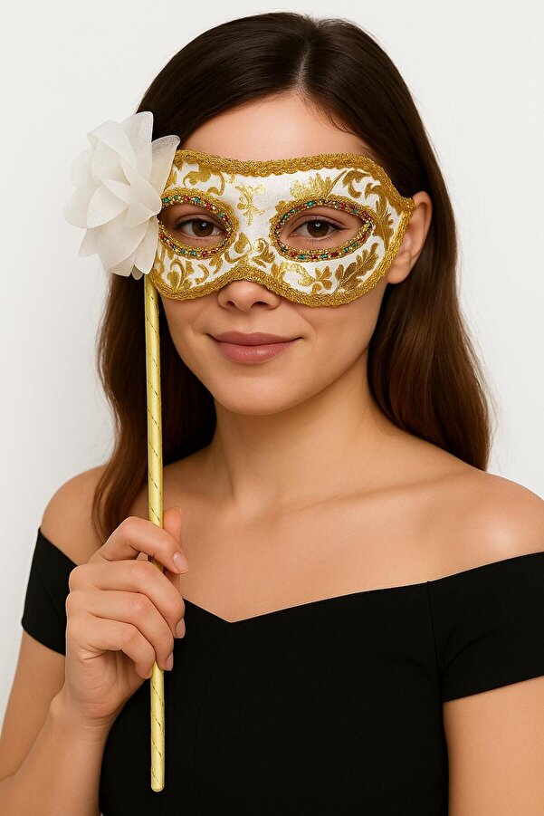 Go İthalat Lüks Taşlı Saplı Maskeli̇ Balo Maskesi̇ Beyaz Renk 35 Cm (5258)