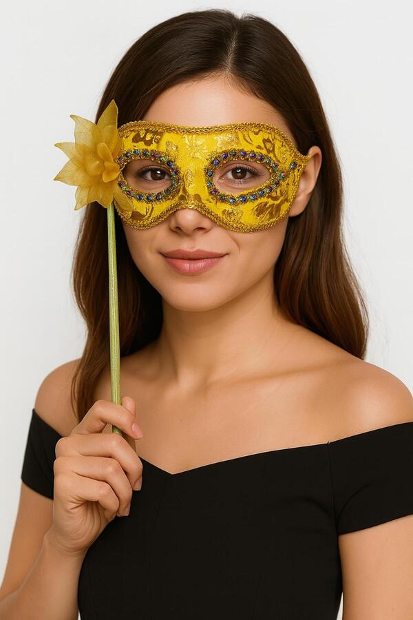 Go İthalat Lüks Taşlı Saplı Maskeli̇ Balo Maskesi̇ Altın Renk 35 Cm (5258)