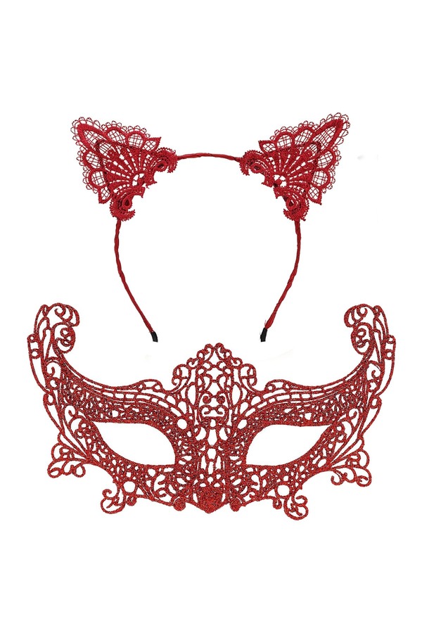 Go İthalat Romanti̇k Kırmızı Dantel Maske Seti̇ - Kedi̇ Kulaklı Taç Ve Maske 3 No (5258)