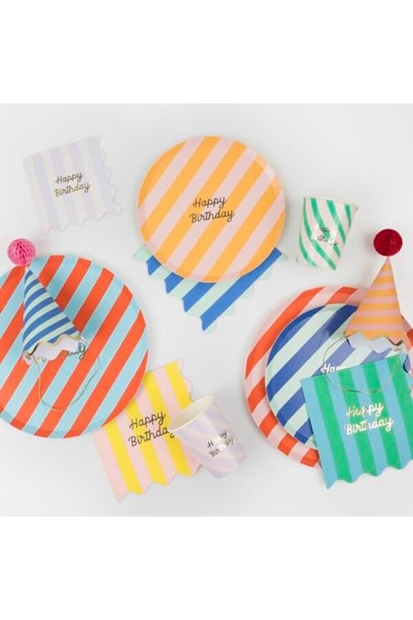 Snshop Meri̇ - Stri̇pe Happy Bi̇rthday Di̇nner Plates - Çi̇zgi̇li̇ Happy Bi̇rthday Tabaklar (L) (X8) 46743