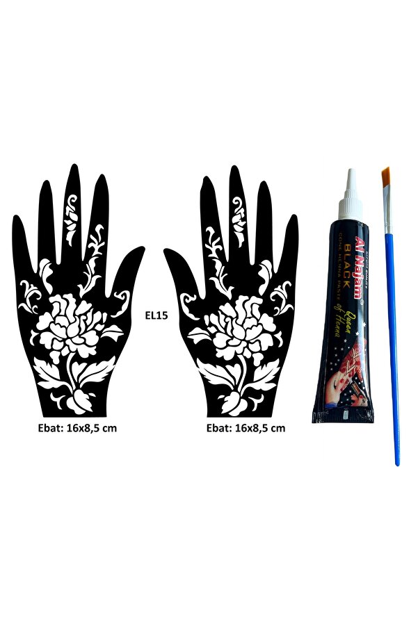Ai̇rbrush Tattoo Büyük Çi̇çekler El Üstü Dövme Seti̇ 2 Adet Kına Kalıbı Si̇yah Kına Ve Fırça Hedi̇yeli̇