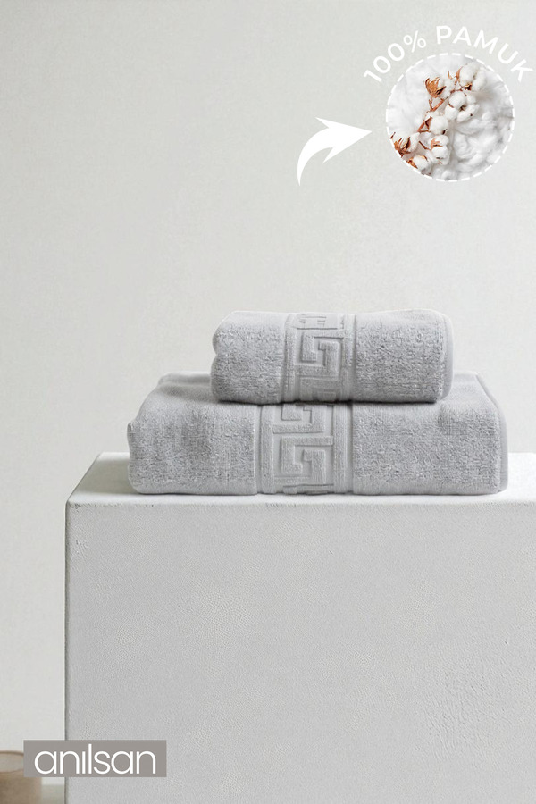 Anılsan 2'li Gri Greek Havlu Seti %100 Pamuk- 1 Adet El Havlusu 50x90 ve 1 Adet Banyo Havlusu 70x140