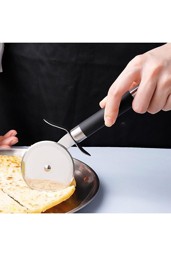 Paslanmaz Çeli̇k Ahşap Saplı Pi̇zza Di̇li̇mleyi̇ci̇, Yuvarlak Pi̇zza Kesi̇ci̇ Bıçak, Hamur Ve W