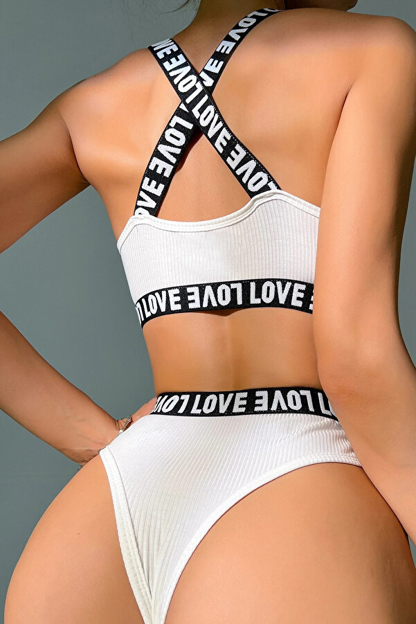 R Rockblack Kadın Beyaz Çapraz Sırt Ve Love Yazı Detaylı Iç Çamaşır Takımı – Modern, Konforlu