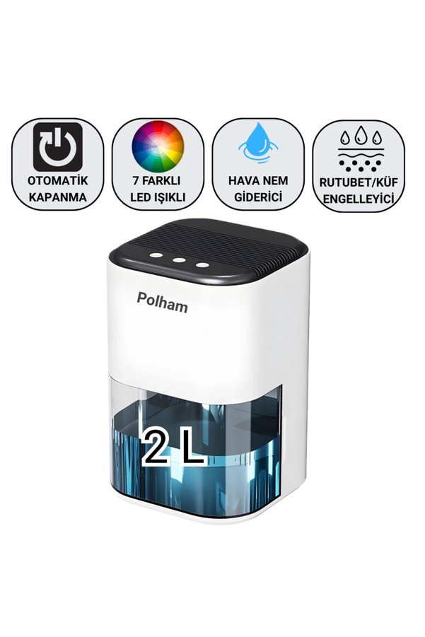 Polham Otomatik 2 Litre Banyo Mutfak Çamaşır Odası İçin Nem Alma Cihazı Rutubet Küf ve Nem Engell