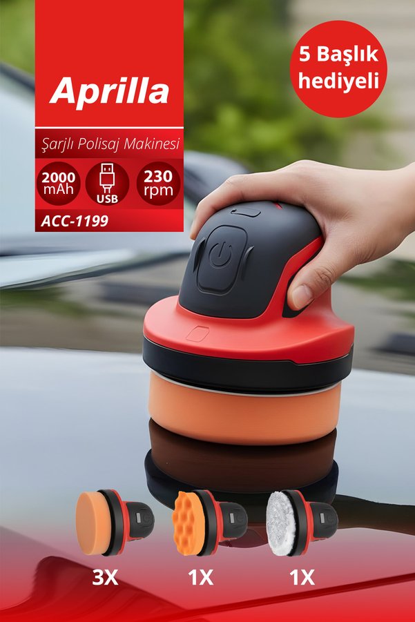 Aprilla Acc-1199 Şarjlı Polisaj Makinesi – 10 cm Parlatma Yüzeyi Sünger Seti Hafif ve Ergonomik Tasarım
