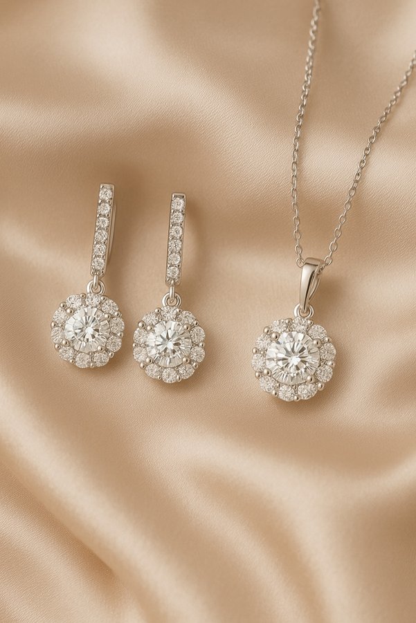 Crystal Diamond Zirconia Işıklı kutuda kolye ve küpe set