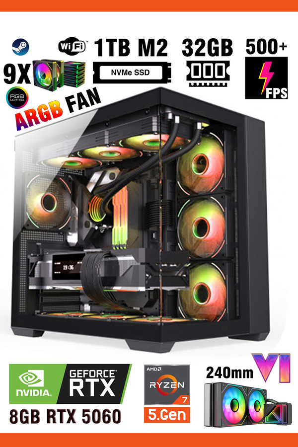 Zeiron Mirage X50 Ryzen 7 5700X ∣ 32GB RAM ∣ 1TB SSD ∣ RTX5060 Sıvı Soğutmalı Masaüstü Oyun Bilgisayarı