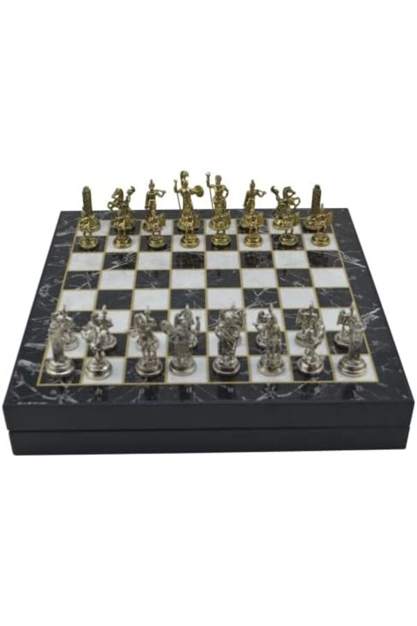 Jptrshop Orta Boy Metal Yunan Satranç Takımı Parlak Ve Mermer Desenli̇ Sandıklı Mdf Tahtası (36