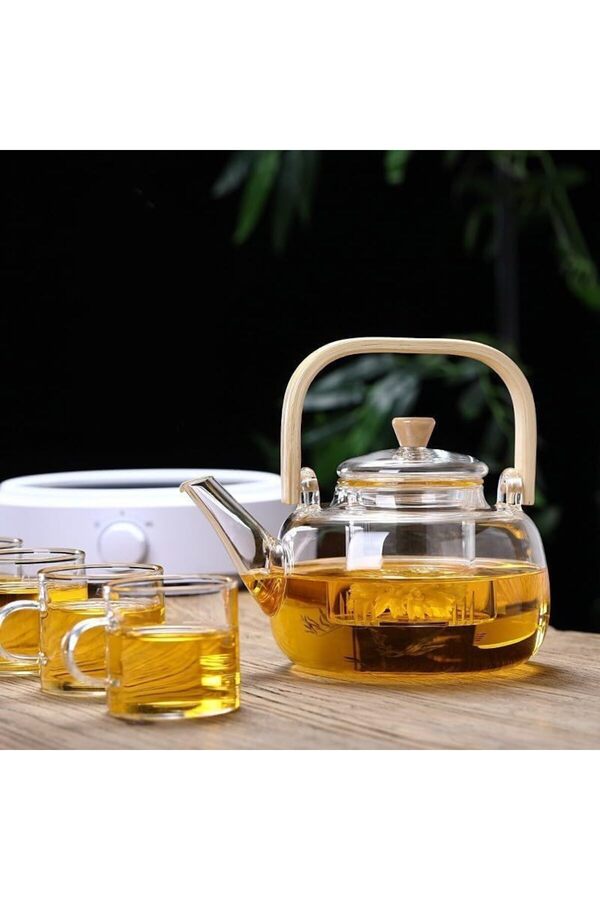 Modashi̇ne Bambu Saplı Dayanıklı Borosi̇li̇kat Cam Süzgeçli̇ Demli̇k 1000Ml, Dayanıklı Cam Bi̇tki̇ Çayı Dem