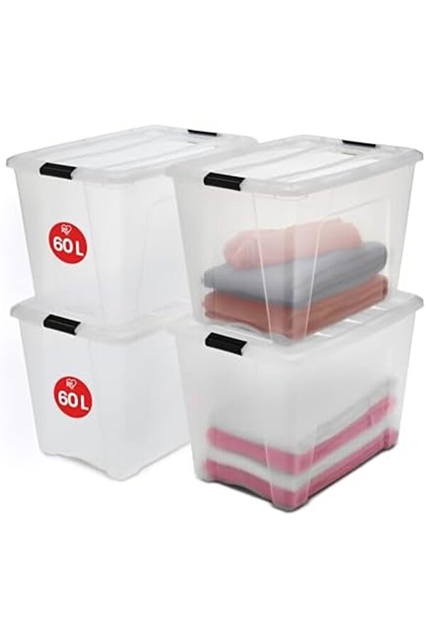 Ohyama Kapaklı Saklama Kutuları, 60L, 4 Lü Set, Şeffaf, Güvenli̇ Tokalar, İsti̇flenebi̇li̇r, Çekme