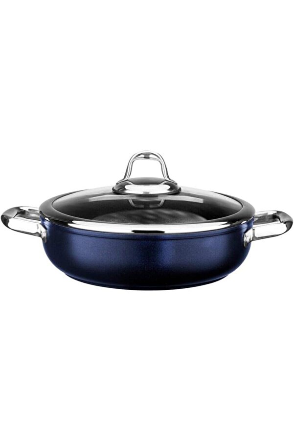Modashi̇ne Ti̇tani̇um 24Cm Sığ Tencere, Çeli̇k Kulp, Özel Çerçeveli̇ Cam Kapak Metali̇k Mavi̇ Modascope 101