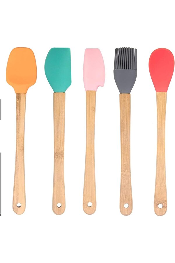 Modashi̇ne Si̇li̇kon Spatula Ve Fırça Seti̇, 5 Parça, Karışık Renkli̇, Bambu Saplı Modascope 1014773