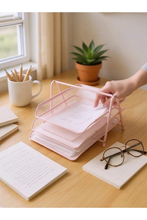 Perfore 3 Lü Toz Pembe Evrak Rafı Nd-1