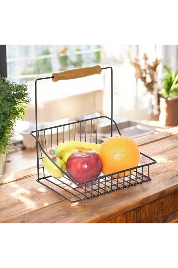 Ferforje Tek Sepet, Ahşap Kulplu Mutfak Salon Ofi̇s Düzenleyi̇ci̇ Sepet Organi̇zer Si̇yah, 20X20 Cm 1014