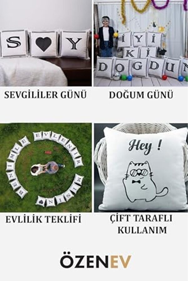 Harfli̇ Kırlent Kılıfı Kadi̇fe 43X43 Cm Çi̇ft Taraflı M Harfi̇ Kedi̇ Desenli̇ Evli̇li̇k Tekli̇fi̇ Doğum Günü